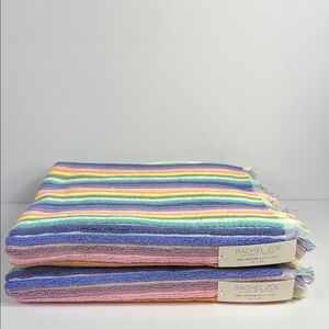 Rachel Zoe Bath Towels Rainbow Pastel Striped with Fringe Cotton Set of 2 NEW